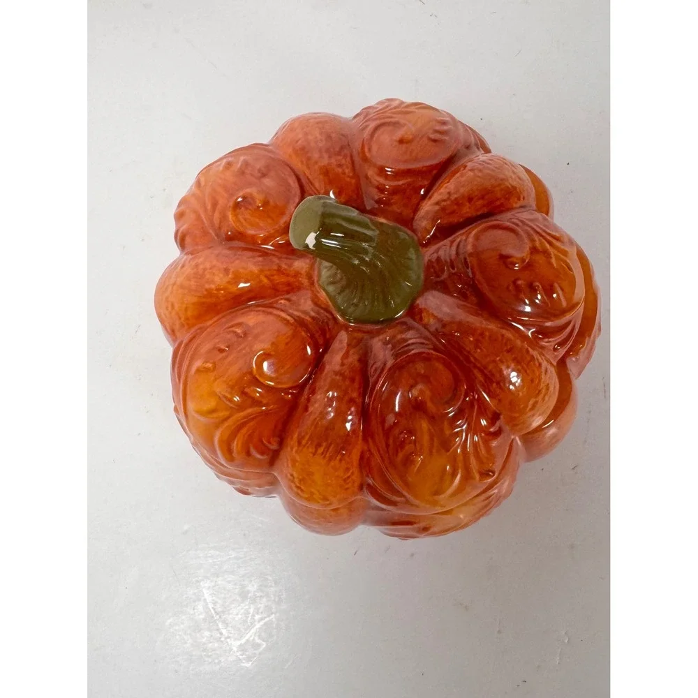 Pier 1 Imports Hand Painted Dolomite Pumpkin Lidded Jar Orange Fall Decor Whimsy